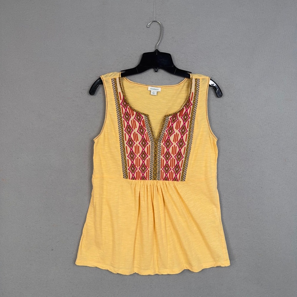 Sundance Sleeveless Top Womens Small Yellow Geometric Embroidered Boho Slub Knit
